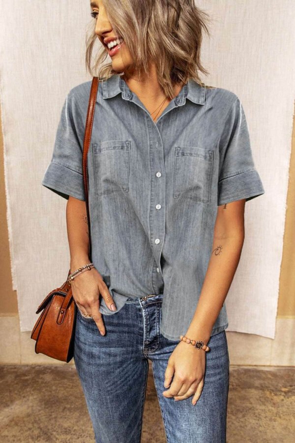 Turn-down Collar Short Sleeve Denim Shirt