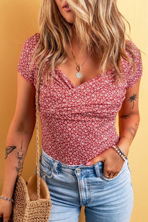 Red Wrapped V Neck Short Sleeve Floral Bodysuit