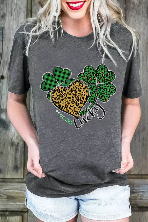 Gray Leopard Plaid Heart Clover Graphic Print Short Sleeve T Shirt