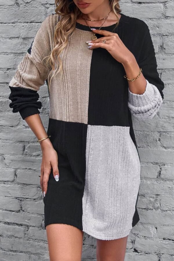 Black Ribbed Color Block Drop Shoulder Long Sleeve Mini Dress