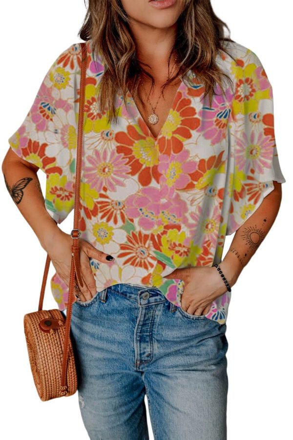 Orange Abstract Print V Neck Half Sleeve Blouse