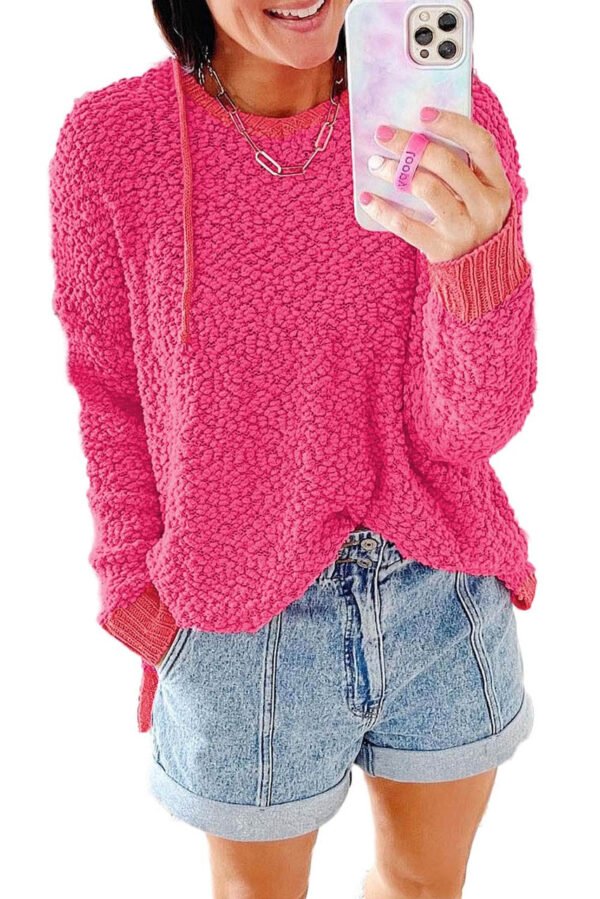 Rose Loose Popcorn Textured Hooded Sweater