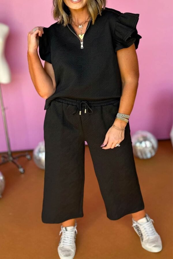 Black Plus Ruffled Sleeve Quarter Zip Top Wide Leg Pants Set