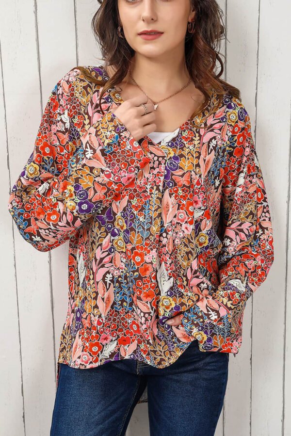 Multicolor Boho Floral Long Sleeve V-Neck Blouse