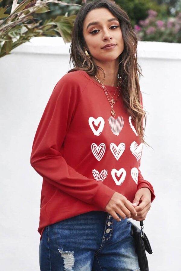 Red Hearts Print Crewneck Long Sleeve Sweatshirt