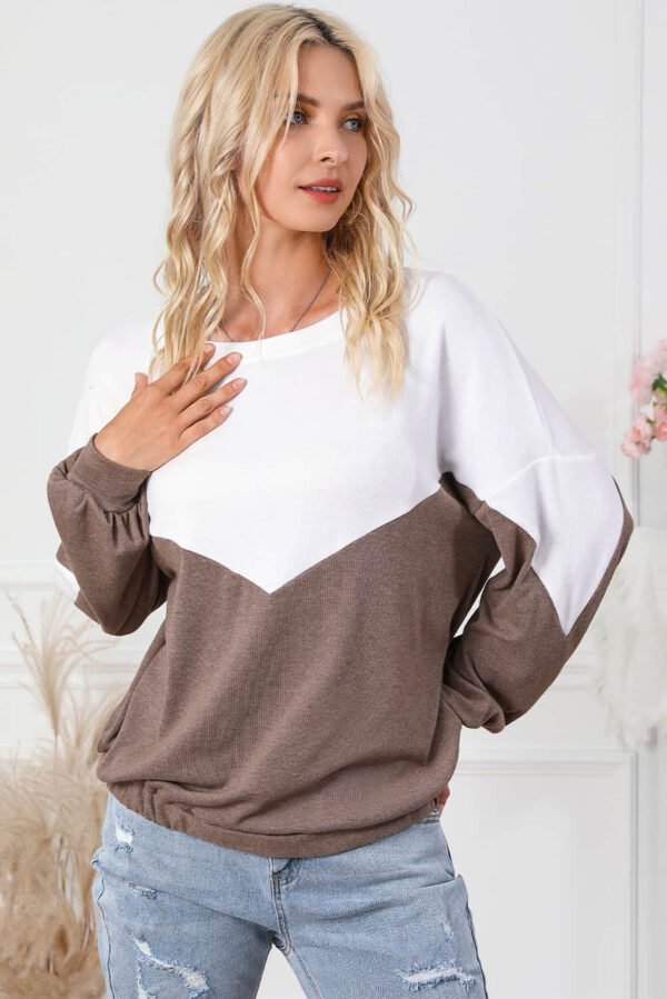 Khaki Colorblock Cutout Elastic Hem Pullover Sweatshirt