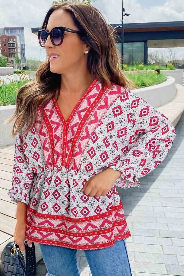 Red Geometric Print 3/4 Sleeve V-Neck Shirred Waist Flared Blouse