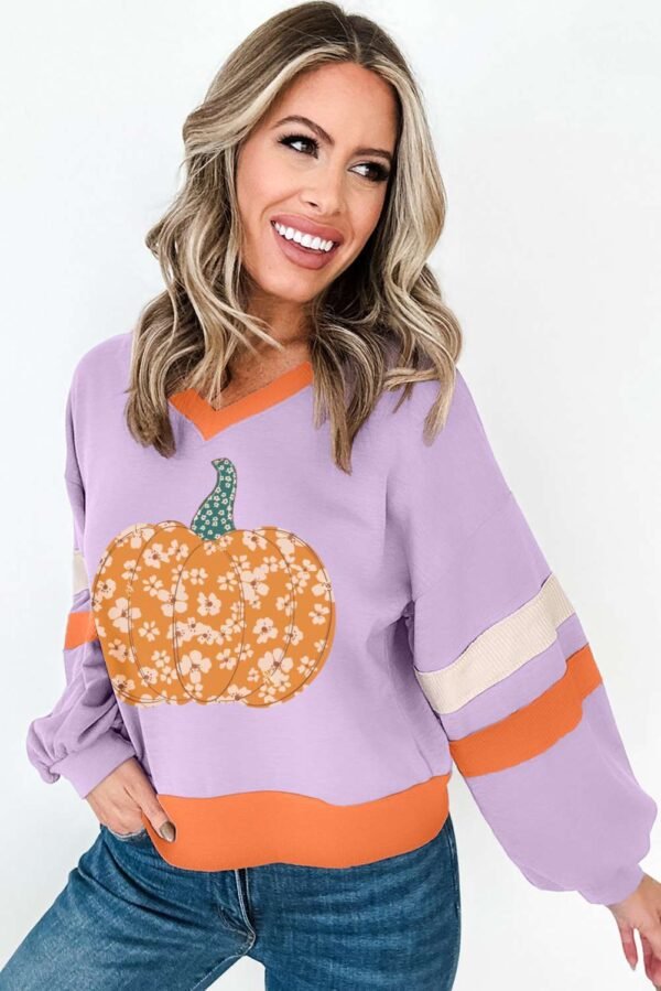 Orchid Bouquet Halloween Floral Pumpkin Color Block V Neck Sweatshirt