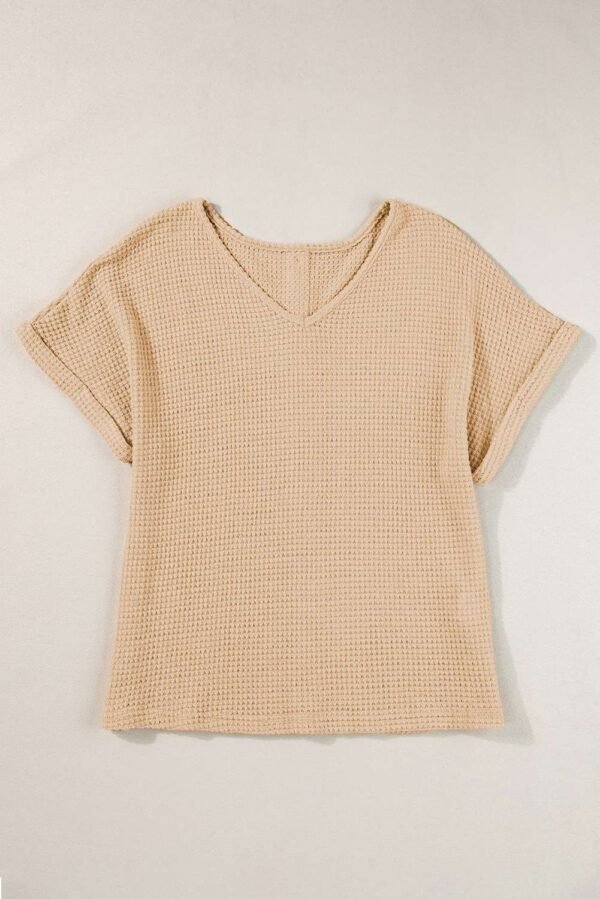 Oatmeal Textured Knit Button Back Cuffed Sleeve Tee