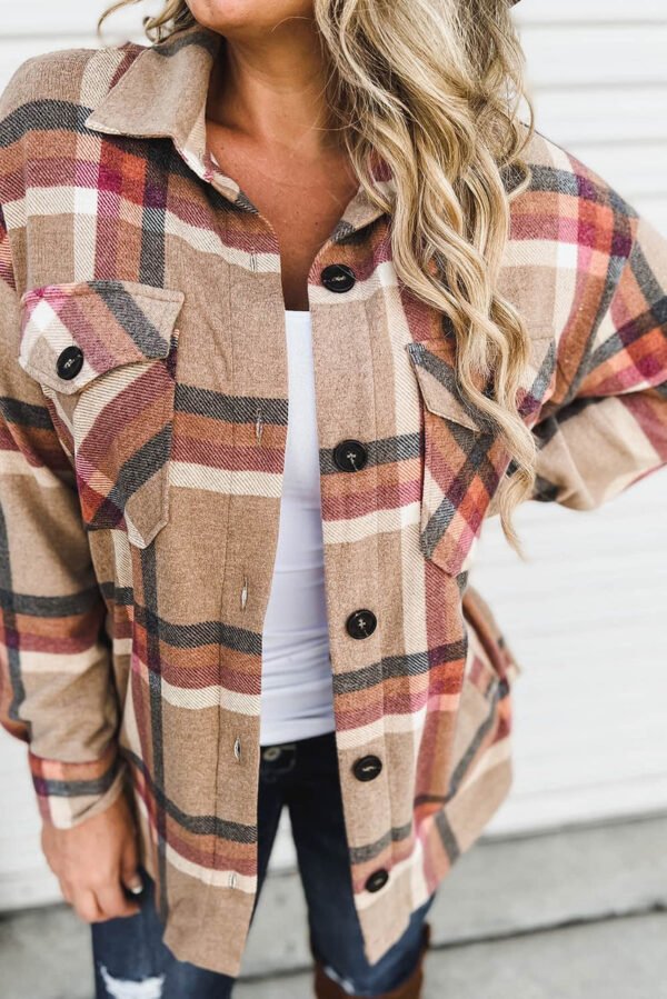 Khaki Chest Pockets Buttoned Oversized Plaid Shacket