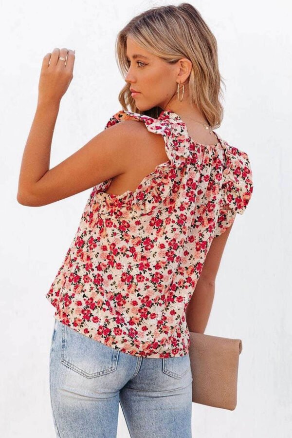 Red Floral Print Ruffled Mock Neck Sleeveless Top