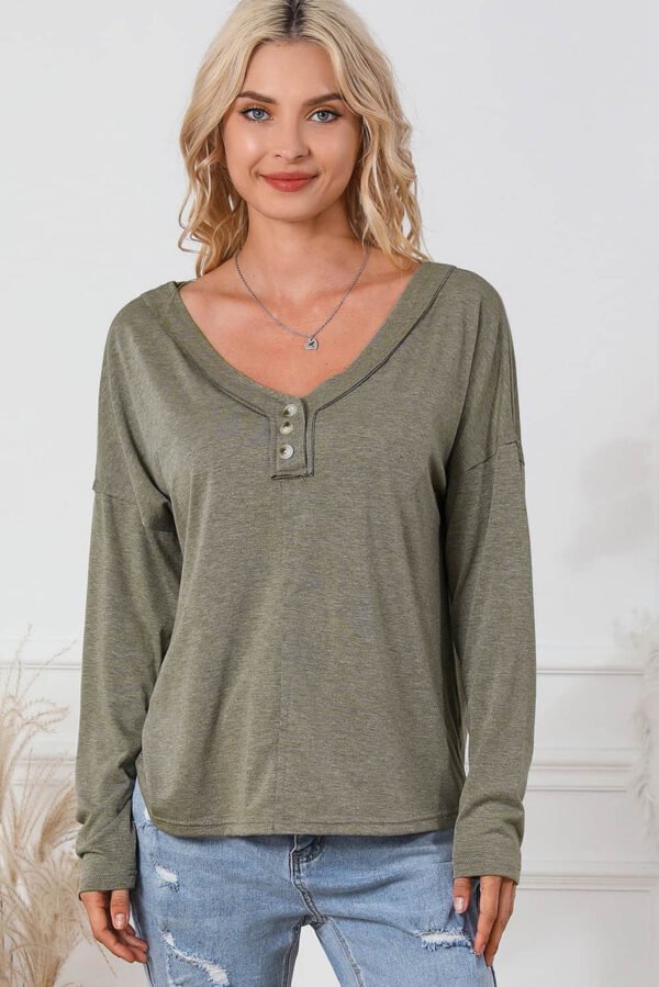 Khaki Long Sleeve V-Neck Stitching Henley Top