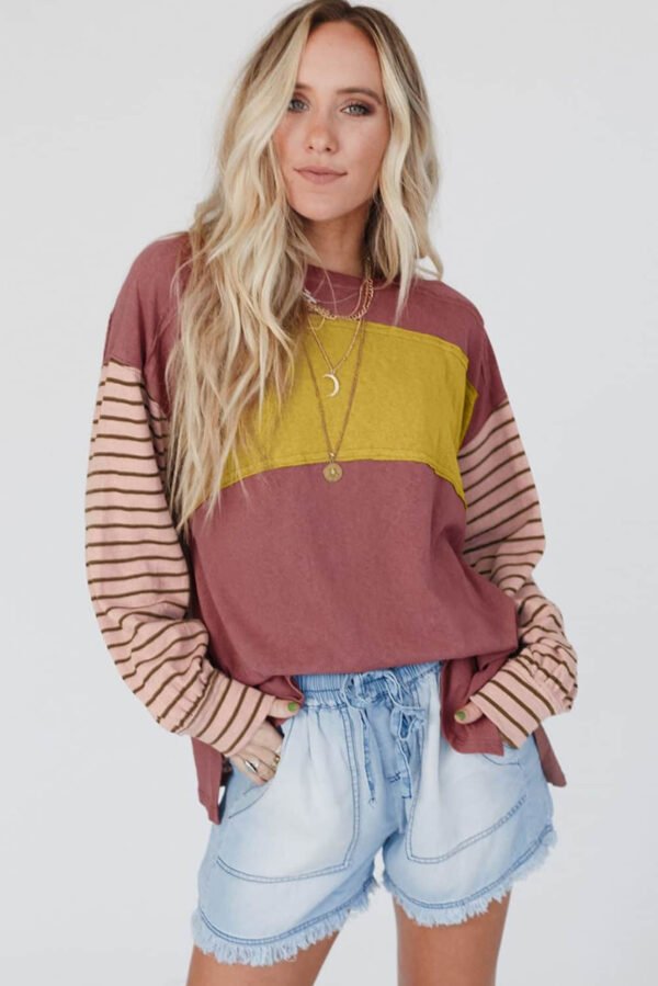 Red Colorblock Striped Bishop Sleeve Top