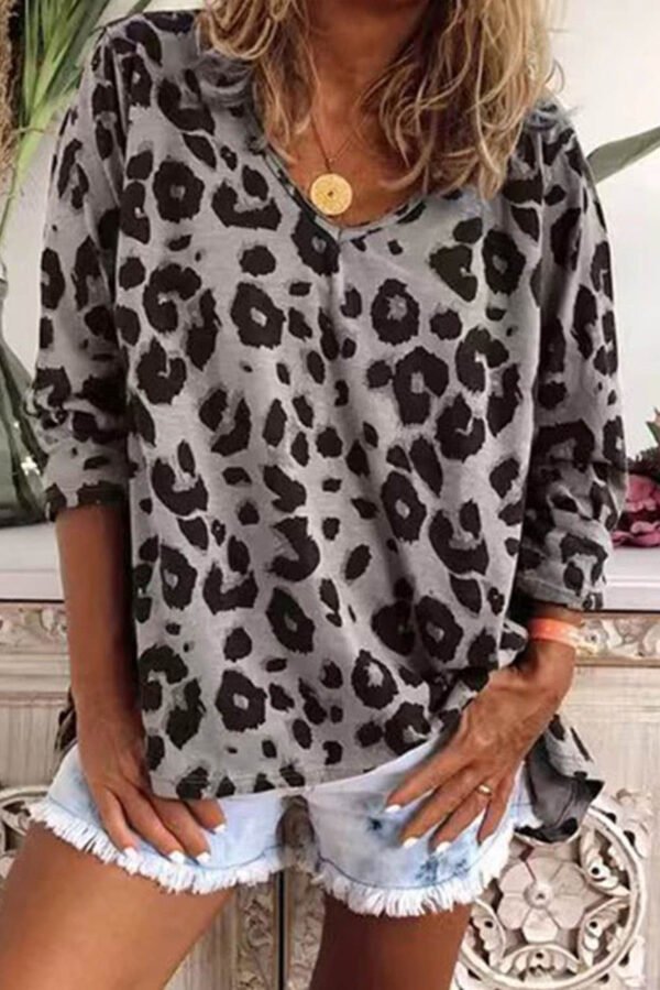 Gray Leopard Split Joint V Neck Long Sleeve Top