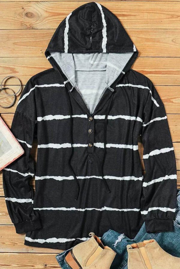 Black Striped Drawstring Button Long Sleeve Hoodie