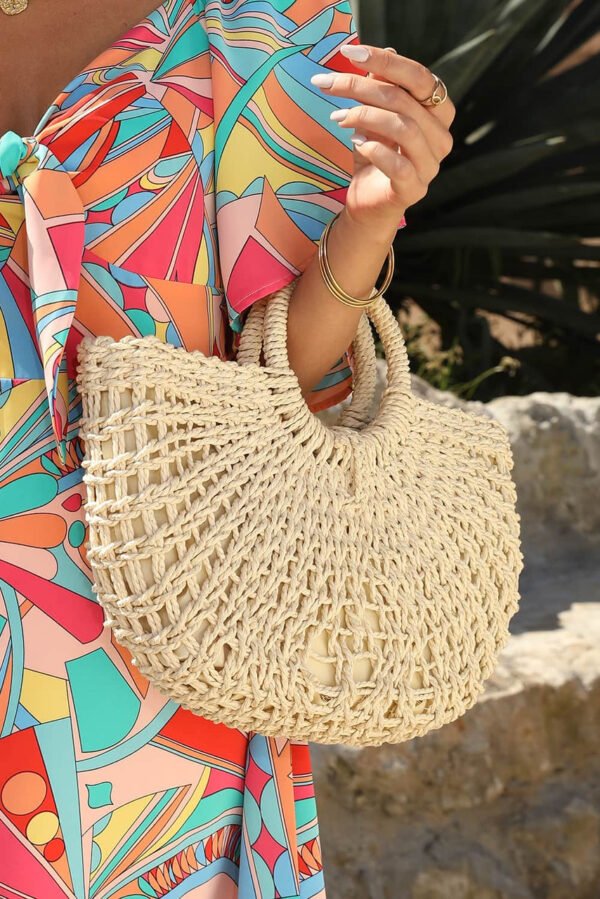 Beige Bamboo Weaving Semicircle Tote Handbag