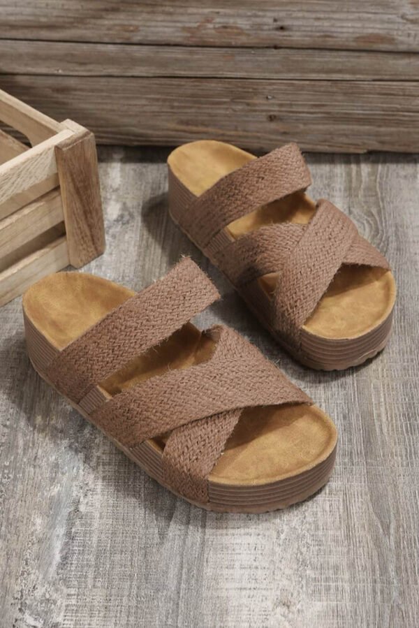 Brown Linen Woven Cross Criss Hollowed Slip-On Slippers