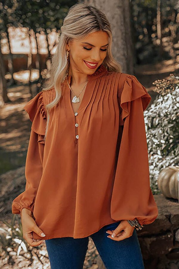 Orange Ruffled Pleated Buttoned V Neck Blouse