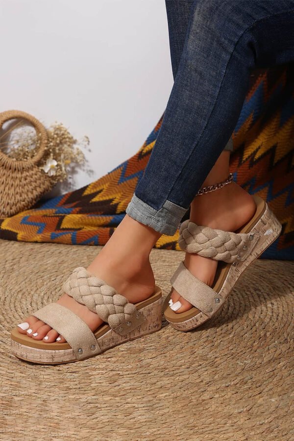 Light French Beige Woven Suede Band Wedge Slippers