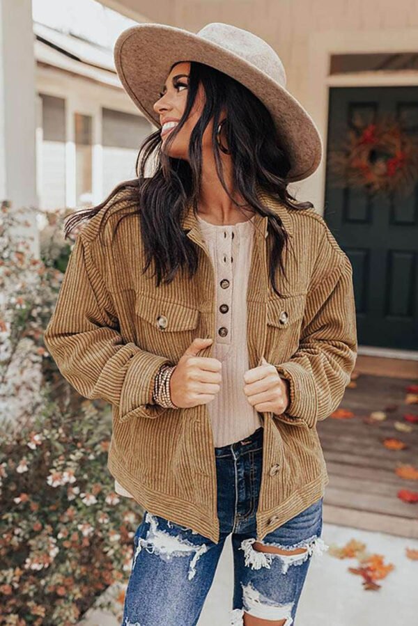 Khaki Ribbed Corduroy Long Sleeve Jacket with Pocket