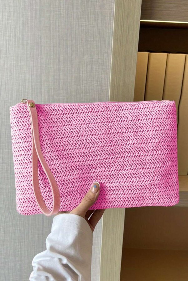 Rose Red Straw Woven Wrist Strap Zipper Large Wallet