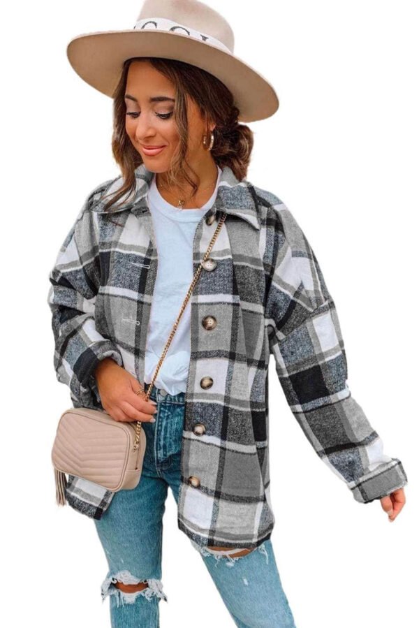 Gray Plaid Print Buttoned Shirt Jacket