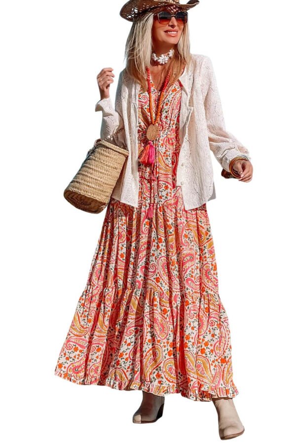 Orange Boho Holiday Paisley Print Tiered Long Sleeve Maxi Dress