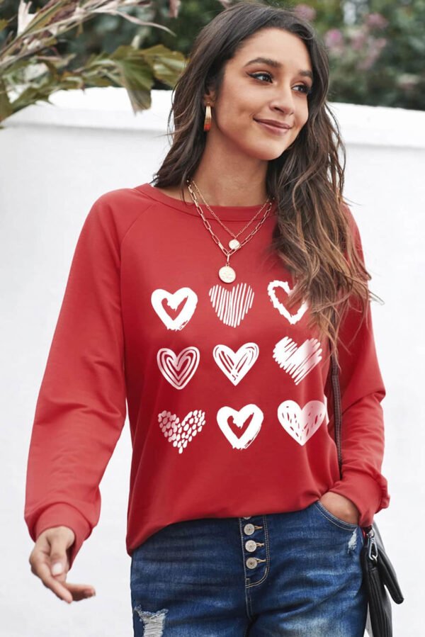 Red Hearts Print Crewneck Long Sleeve Sweatshirt