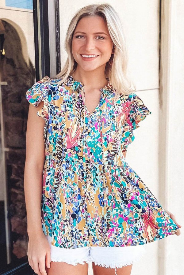 Multicolor Abstract Print Tie V Neck Peplum Blouse