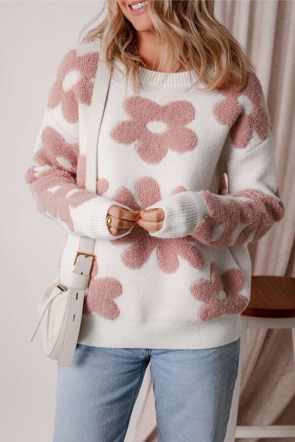 White Textured Flower Drop Shoulder Loose Sweater