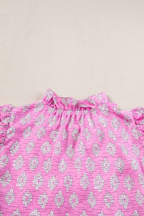 Pink Vintage Floral Ruffled Split Neck Short Sleeve Blouse