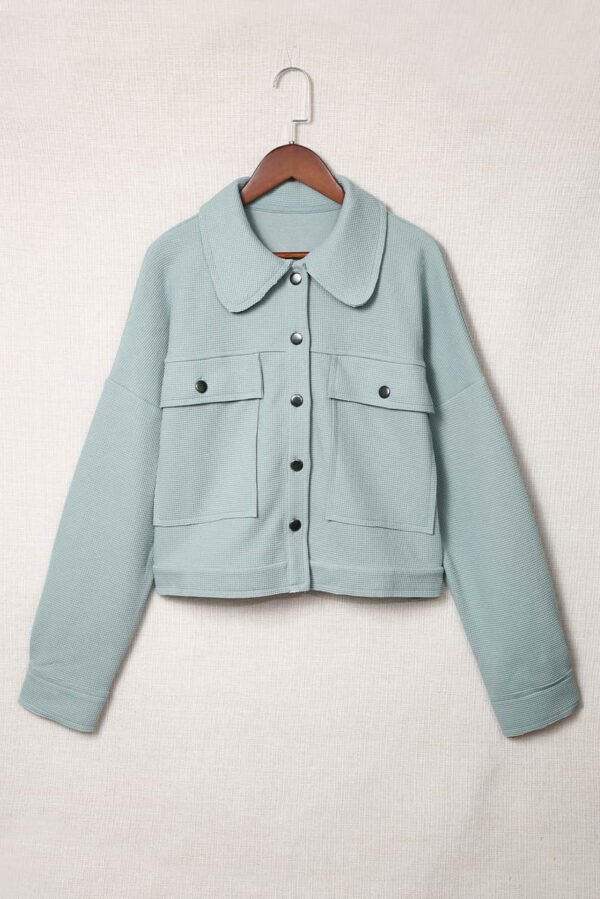 Sky Blue Waffle Knit Buttons Cropped Jacket with Pockets