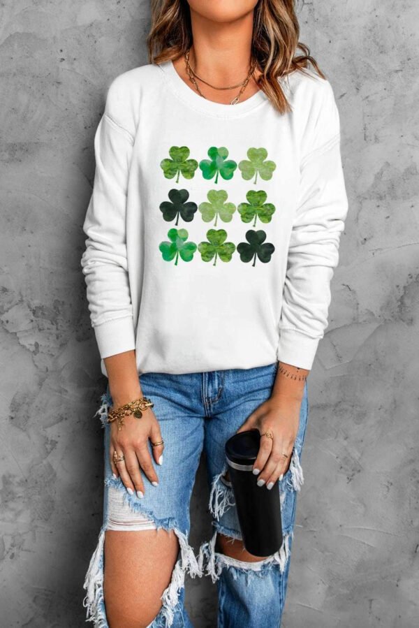 White St. Patrick’s Day Clover Print Long Sleeve Sweatshirt