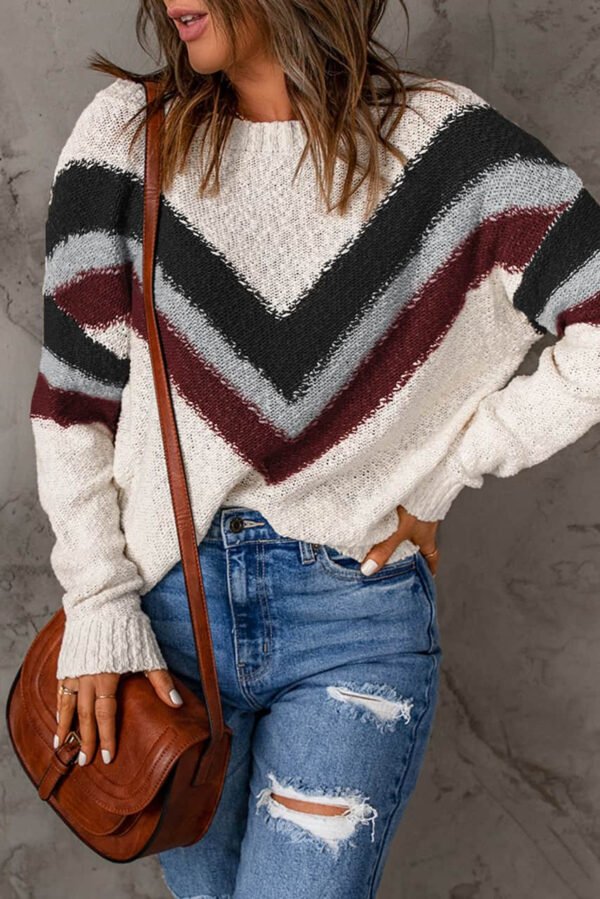 Black White Chevron Striped Drop Shoulder Sweater