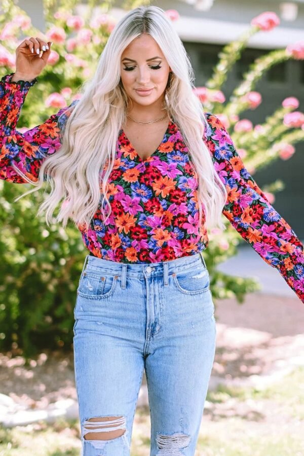 Floral Print Wrap V Neck Long Sleeve Bodysuit