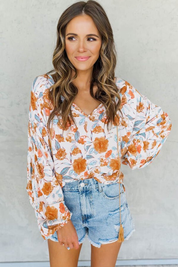 Orange Split V Neck Floral Print Dolman Blouse