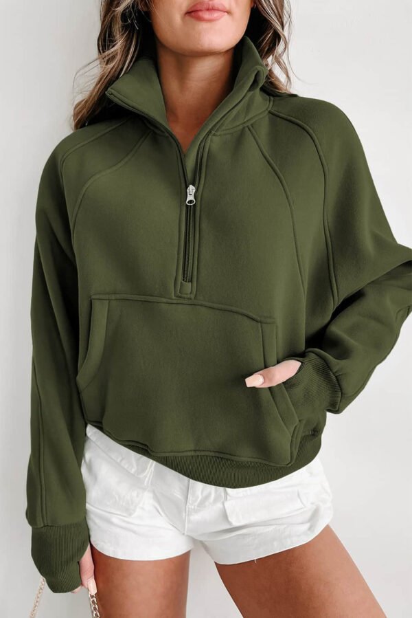 Green Zip Up Stand Collar Ribbed Thumbhole Sleeve Sweatshirt