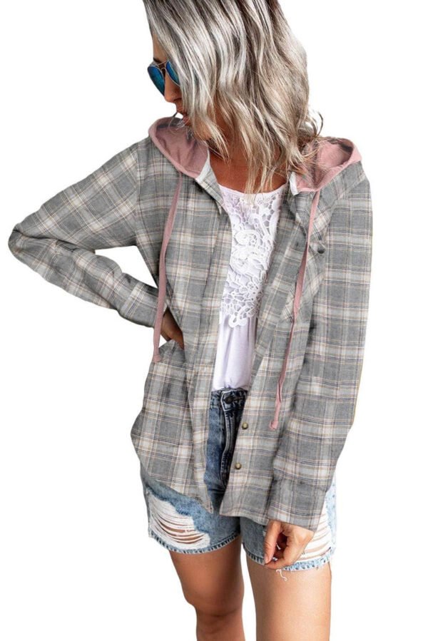 Khaki Drawstring Plaid Hooded Shirt Coat