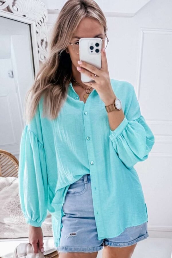 Iceland Blue Solid Puff Sleeve Loose Fit Buttoned Shirt