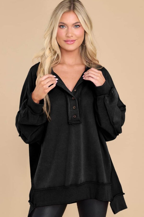 Black Oversized Exposed Seam Henley Sweatshirt