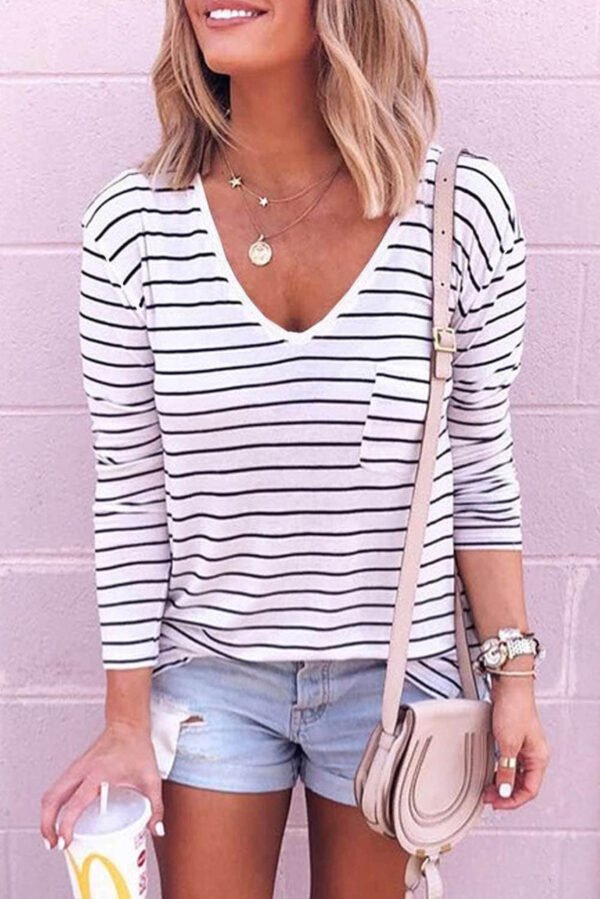 Striped V Neck Long Sleeve Top