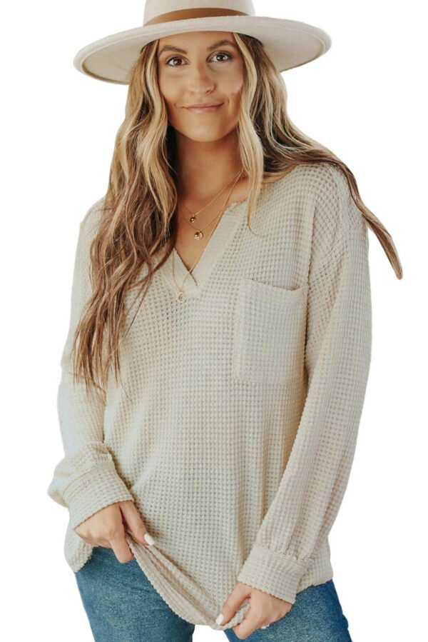 Beige Waffle Knit Split Neck Pocketed Loose Top