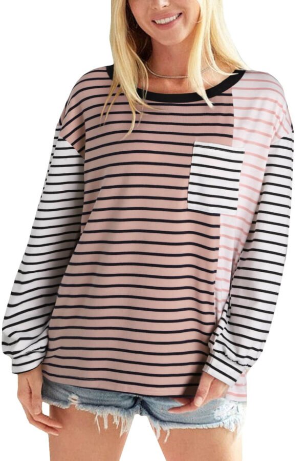 Striped Patchwork Pocketed Long Sleeve Top