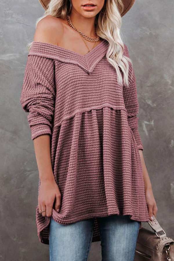 Pink Waffle Knit V Neck Long Sleeve Babydoll Top