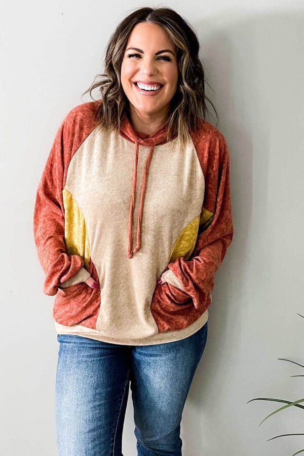 Orange Plus Size Colorblock Raglan Hoodie with Pockets