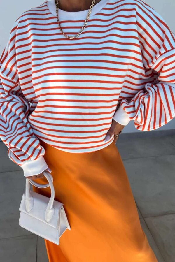 Orange Stripe Drop Shoulder Crew Neck Loose Sweatshirt