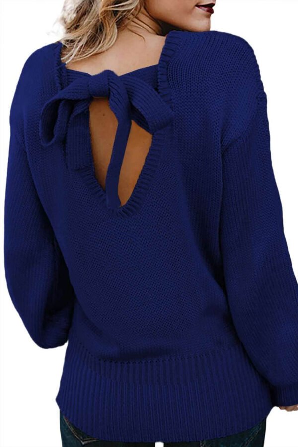 Blue Hollow-out Back Sweater with Tie