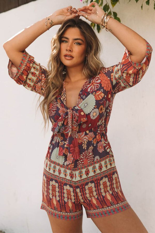 Purple Vintage Printed 3/4 Sleeves V Neck Romper