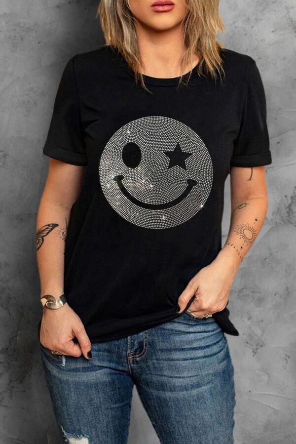 Black Sparkle Rhinestone Smile Face Graphic T Shirt