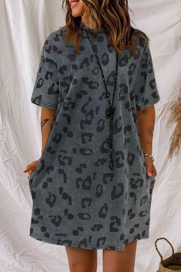 Gray Vintage Washed Leopard T-Shirt Dress with Pockets